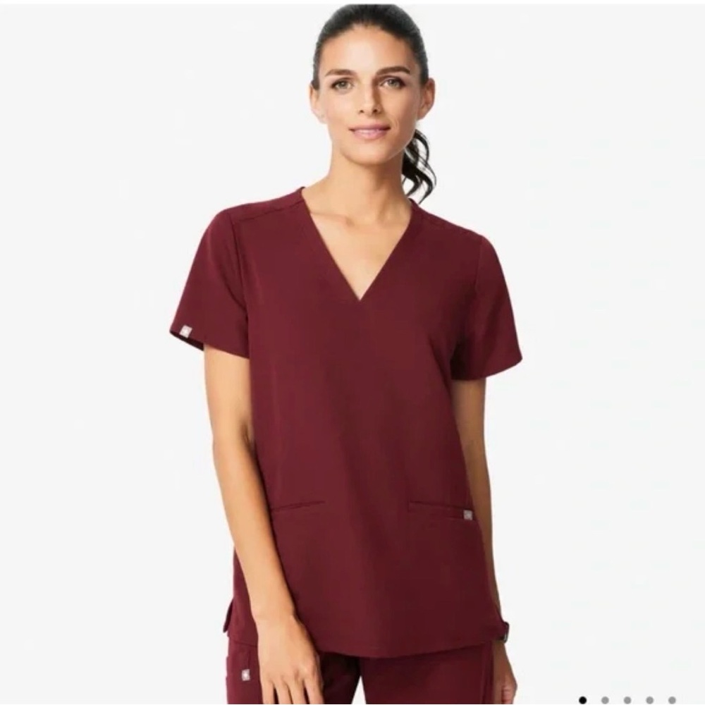Figs Maroon Short Sleeve V-Neck Top